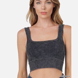 NEW Zenana Ribbed Mineral Wash Bralette Square Neck Crop top ASH Black XL NO PAD